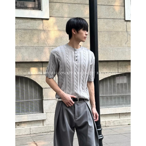 绞花设计亨利领老钱风短袖针织衫