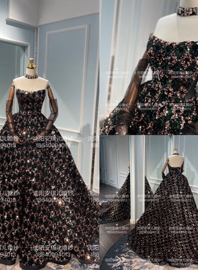 新娘婚纱抹胸黑色亮片抹胸立体剪裁敬酒晚宴主持人年会礼服出租