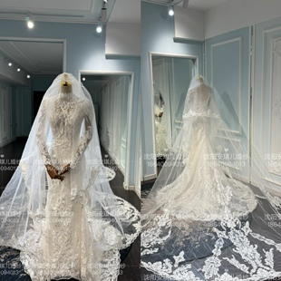 柏艺许许的纱正品浮光梦境多穿新娘长袖蕾丝鱼尾头纱婚纱出租