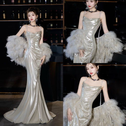 礼玺高端鱼尾晚礼服吊带轻奢宴会新娘订婚敬酒服主持名媛礼服出租