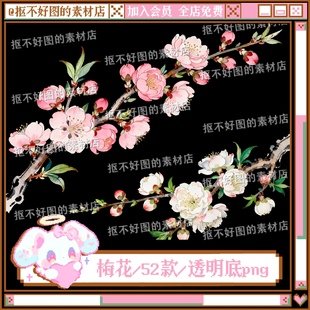 古风梅花桃花红梅花朵花枝装饰透明底png图片饭圈美工设计水印