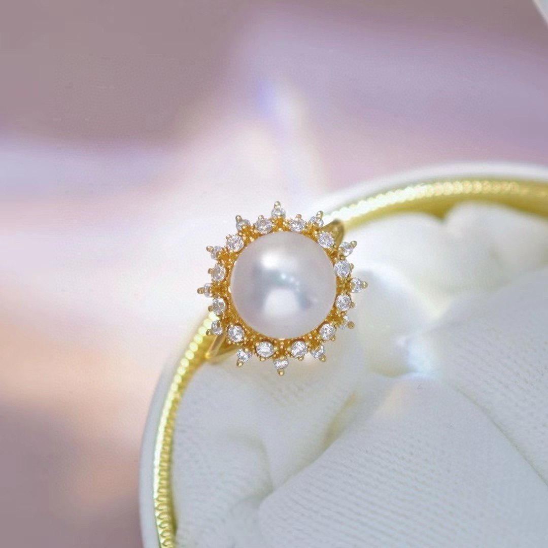 DIY珍珠戒指配件S925纯银开口戒空托单珠款小珠戒指托手工半成品