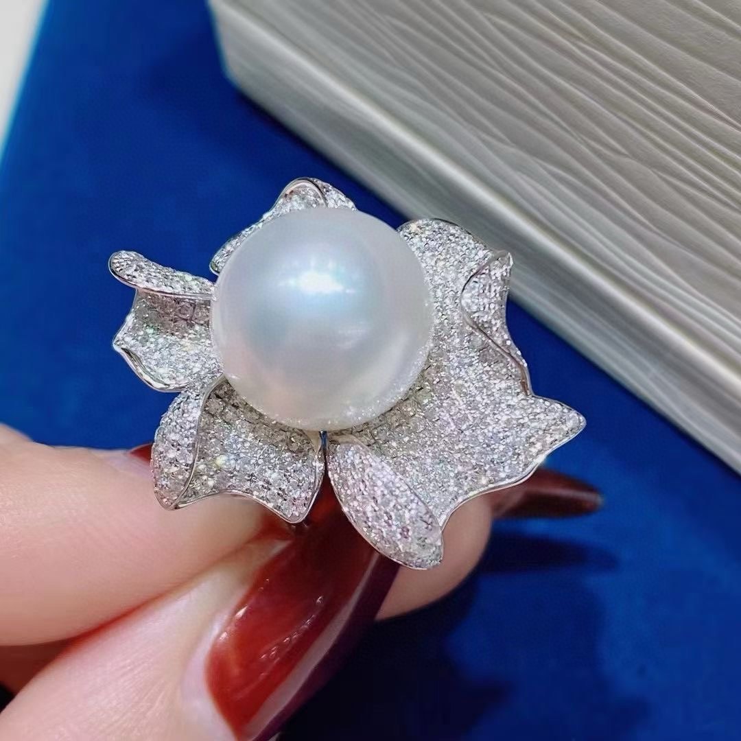 DIY珍珠戒指配件S925纯银开口戒空托单珠款小珠戒指托手工半成品