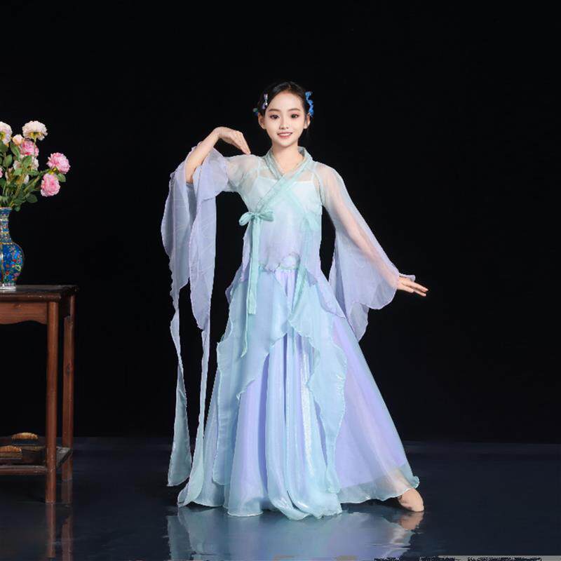 印花古典舞儿童蝴蝶仙子袖青紫锦瑟渐层色练功服舞蹈服女童大摆裙