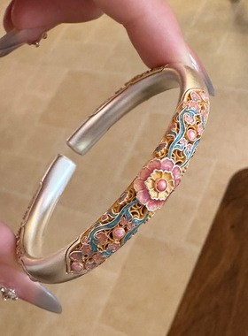梨花海棠国风新中式手镯戒指轻奢百搭珐琅彩银镯子送女友礼物包邮