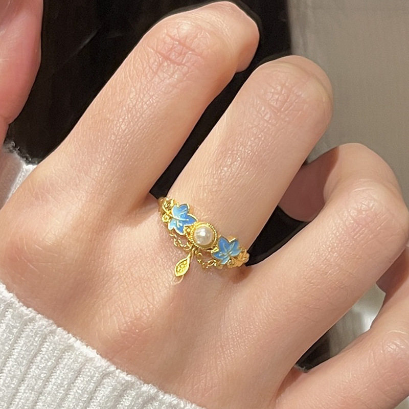 小红书2026年爆款点翠蓝珍珠流苏戒指女中古珐琅精致银杏叶指环