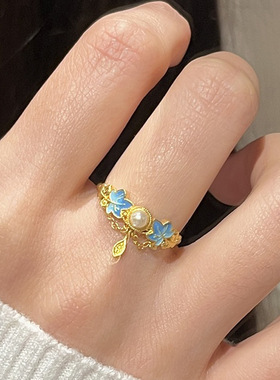 小红书2026年爆款点翠蓝珍珠流苏戒指女中古珐琅精致银杏叶指环