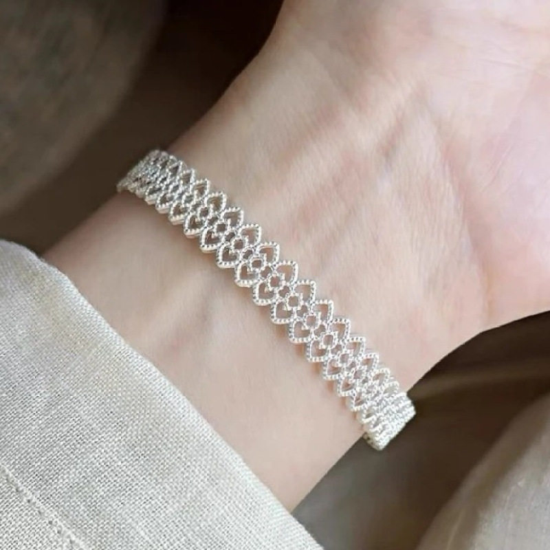 蕾丝花丝镂空银色超美手镯女镀纯银轻奢感手环手饰夸张手链款包邮