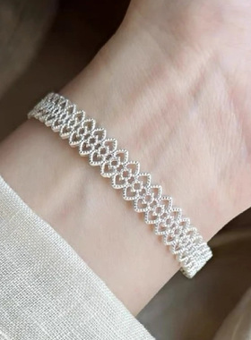 蕾丝花丝镂空银色超美手镯女镀纯银轻奢感手环手饰夸张手链款包邮