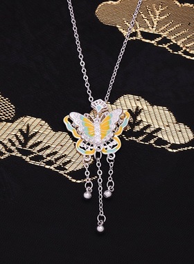 珐琅花丝蝴蝶流苏项链女新中式时尚气质轻奢镂空滴胶设计锁骨链
