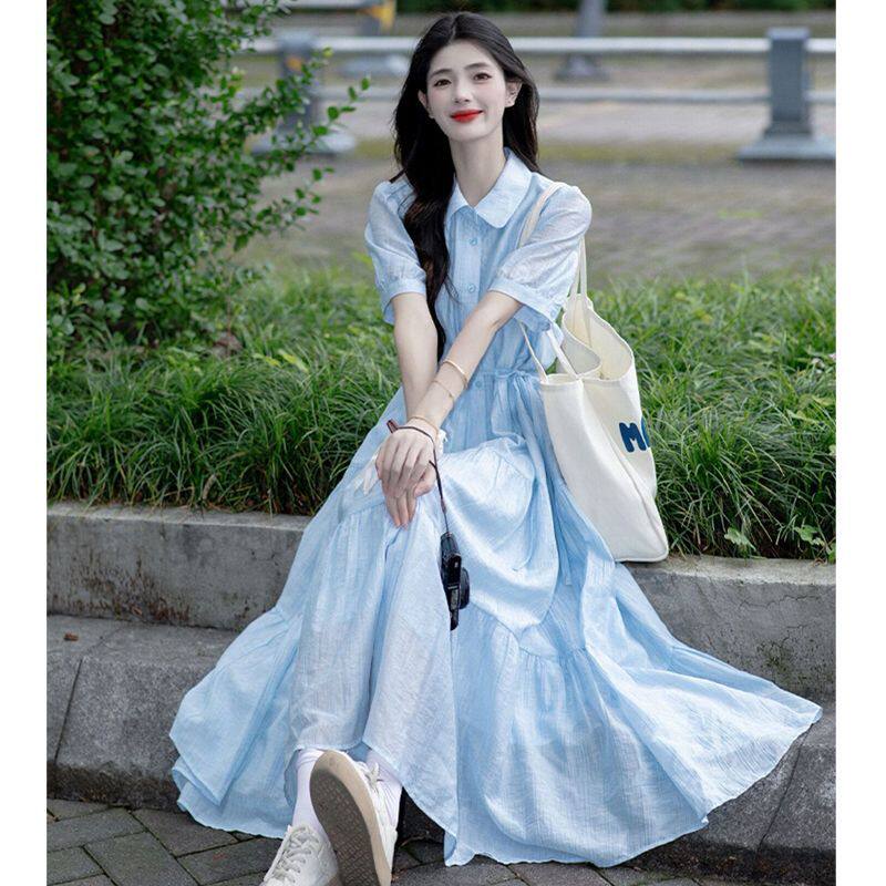 小清新连衣裙衬衫领收腰显瘦温柔风气质大摆长裙女夏季