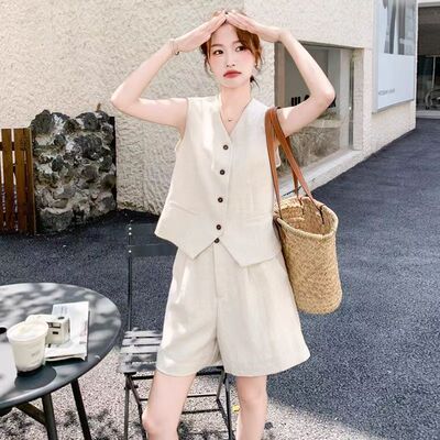 高级感老钱风亚麻马甲短裤两件套装女2026夏季大方得体穿搭一整套