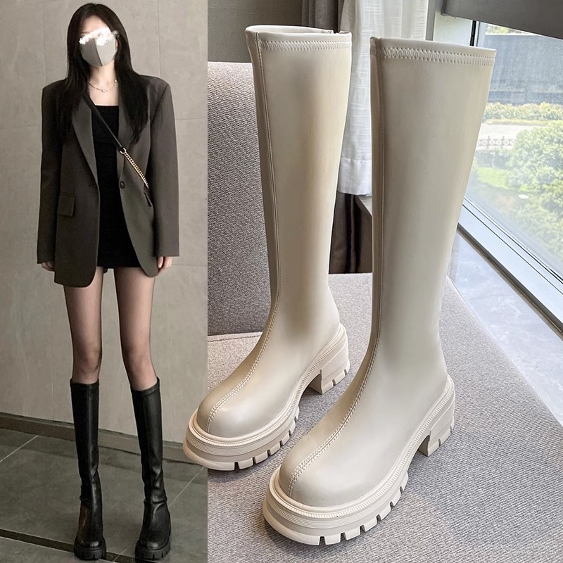 内增高长筒靴女2025年春秋新款厚底弹力高筒长靴小个子百搭骑士靴