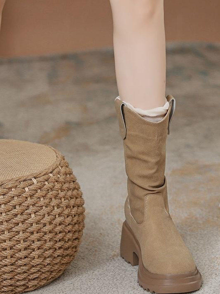 内增高马丁靴女2025新款春秋厚底中筒褶皱堆堆靴小个子百搭短靴子