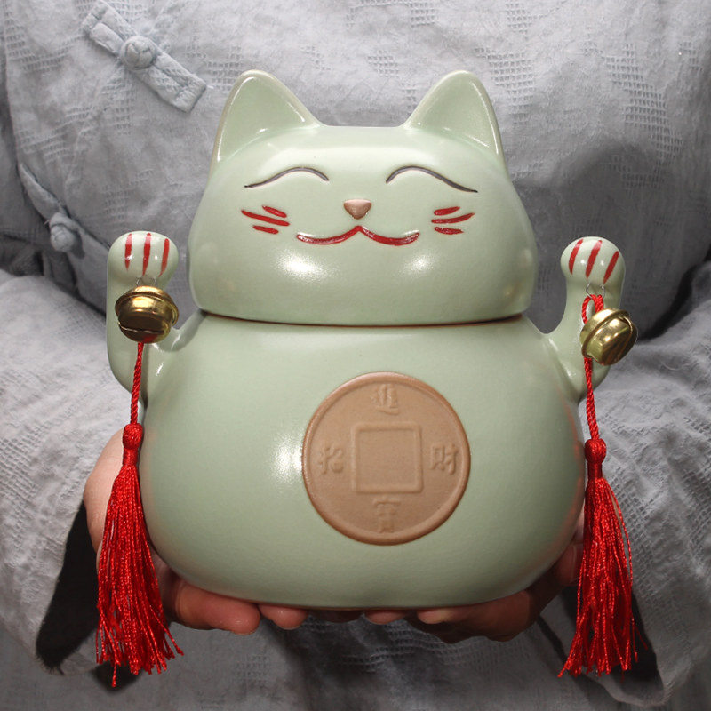汝窑茶叶罐陶瓷招财猫可爱摆件图片