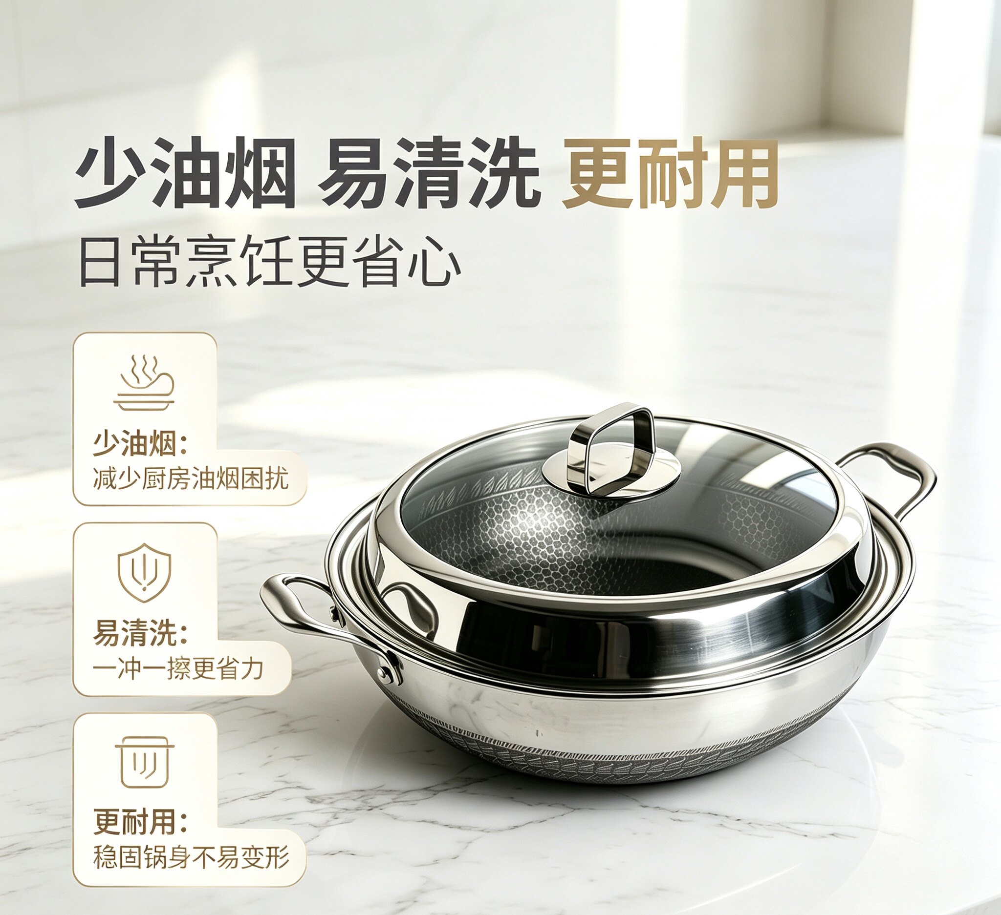 45cm大号蜂窝316不锈钢炒锅双耳家用大容量不粘锅通用炒菜锅316