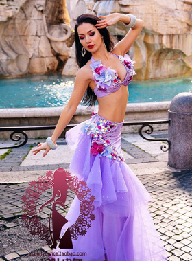 AC肚皮舞蹈专业进口高端定制表演套装花卉设计演出服紫薇浅紫色