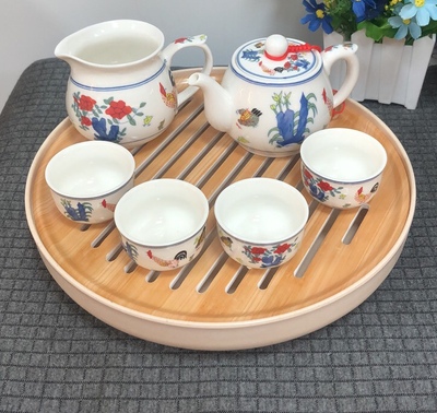 泽华仿古密胺盘斗彩公鸡功夫茶具