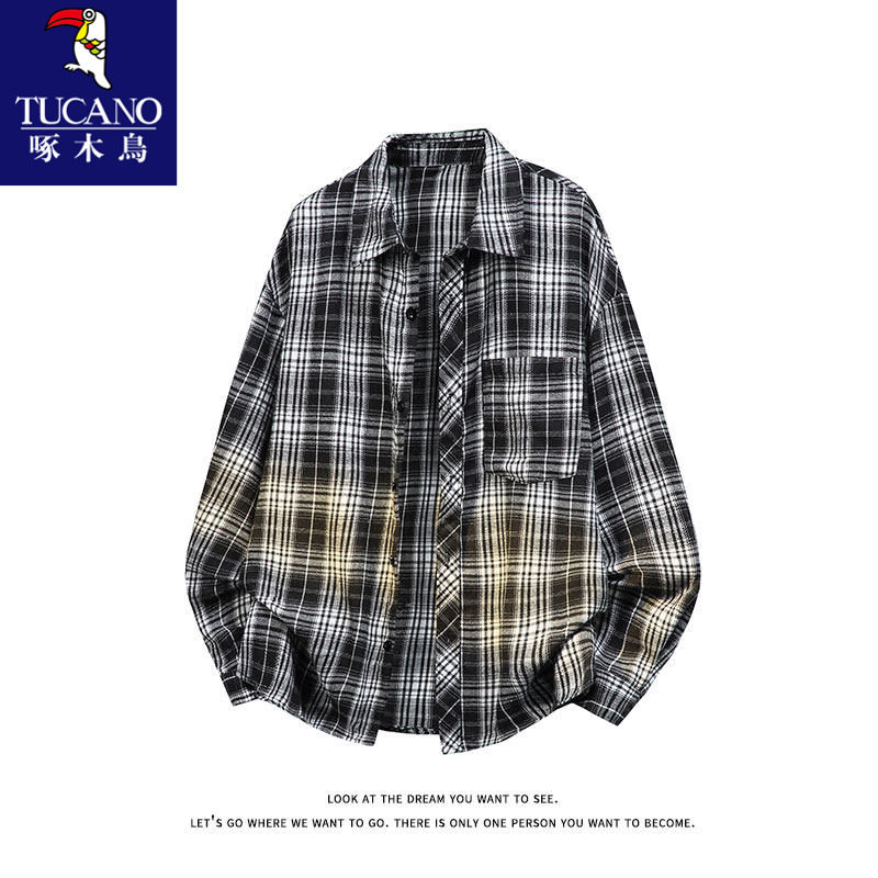 啄木鸟复古格子衬衫男春秋季日系长袖衬衣男士高级感宽松春装外套,男装,衬衫,淘宝优惠券,粉丝福利购,淘宝优惠卷