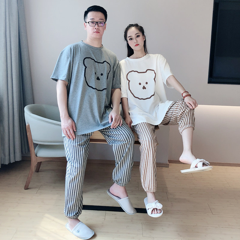 情侣睡衣春夏季短袖长裤纯棉大码200斤卡通格子可外穿家居服套装
