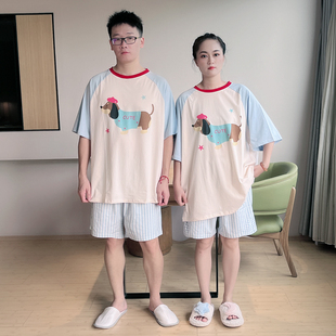 （轻柔软）情侣睡衣卡通可爱夏季纯棉可外穿大码200斤家居服套装