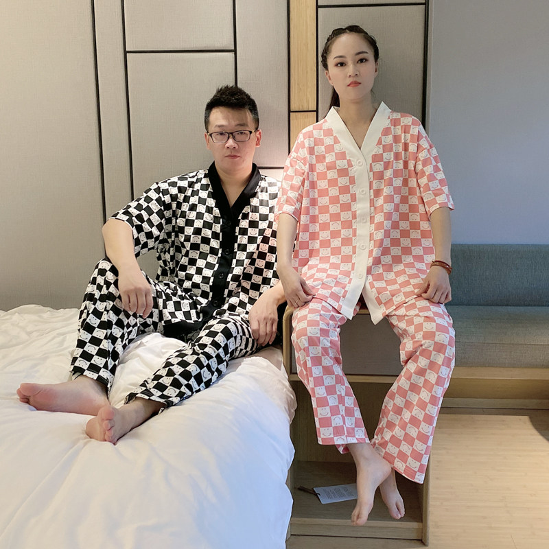情侣睡衣女夏天半袖格子大码长款200斤纯棉甜美宽松家居服套装男