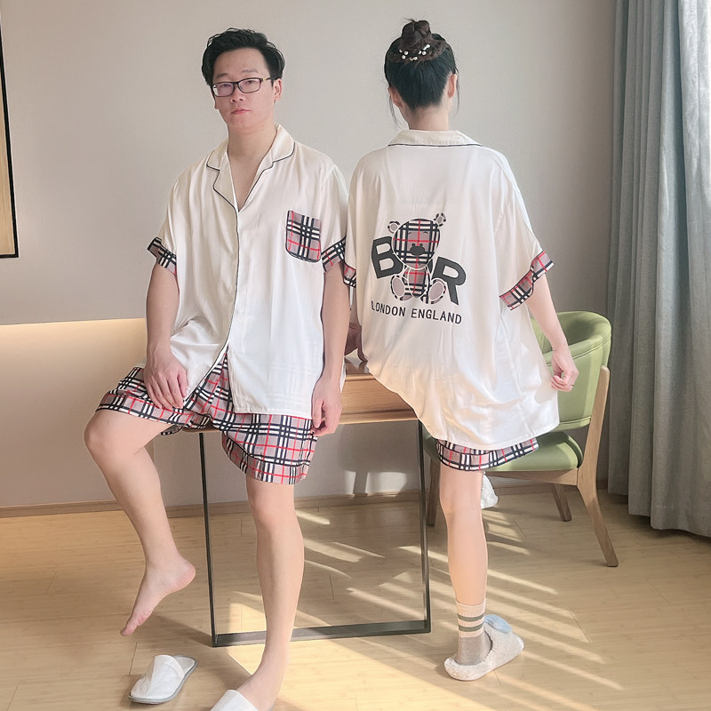 春夏款新款情侣睡衣仿真丝冰丝加肥加大码格子男女休闲家居服套装