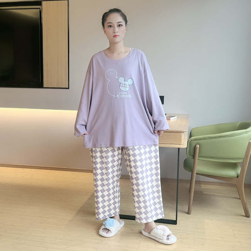 春秋季睡衣女秋款长袖套装大码胖m200斤纯棉格子可外穿家居服套装
