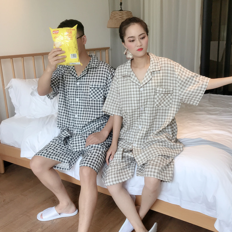 睡衣男士夏季短袖短裤日系格子薄款全棉情侣纱布家居服大码200斤
