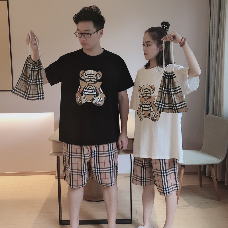 情侣睡衣夏季纯棉短袖短裤家居服大码春夏薄款全棉格子可外穿套装