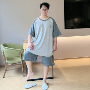 加肥加大全棉睡衣男夏短袖薄款宽松套头圆领大码300斤家居服套装