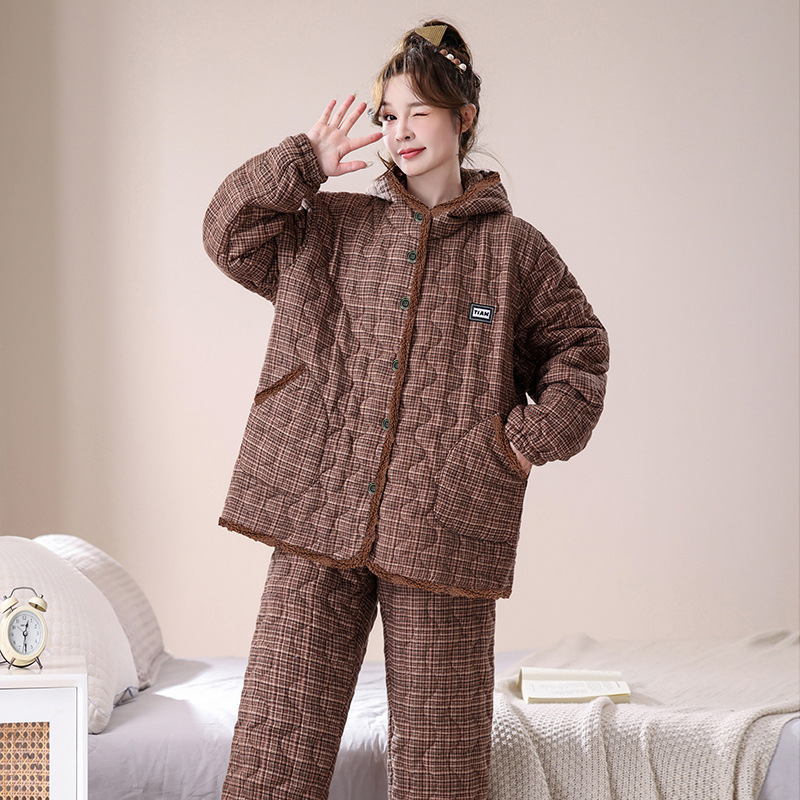 家居服胖m200斤长袖格子套装