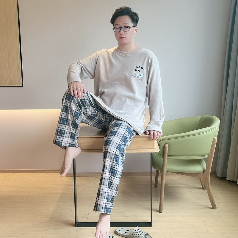 大码睡衣男士长袖春秋季格子家居服加肥佬特大宽松纯棉可外穿套装