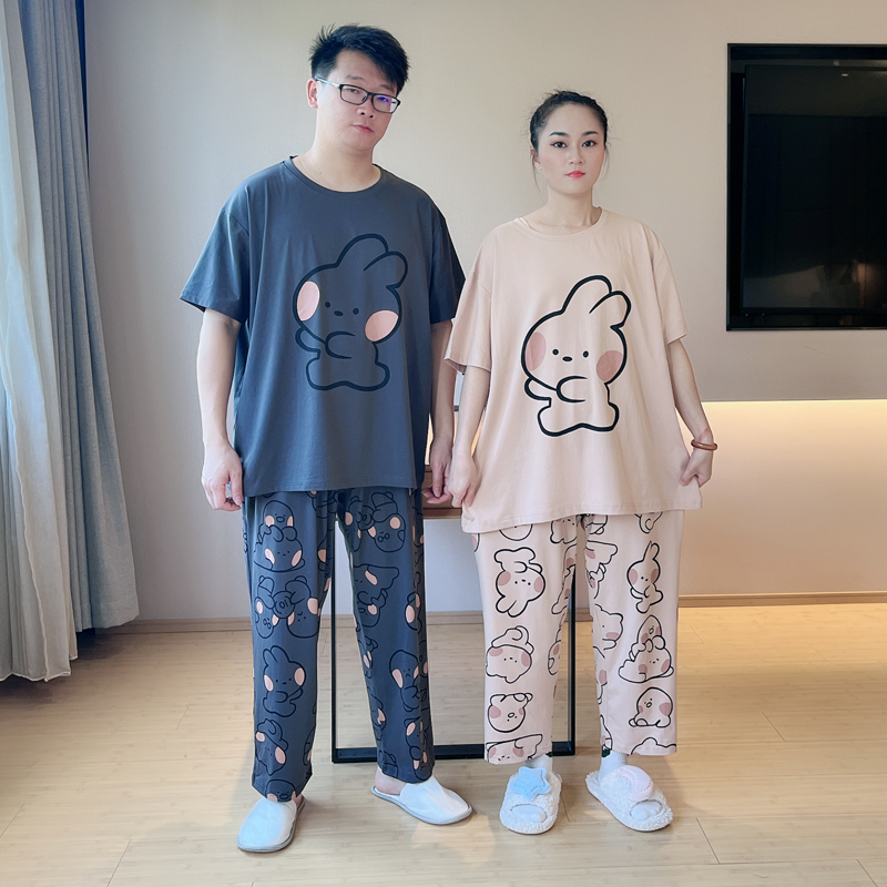 2025年新款情侣睡衣男女卡通夏季纯棉短袖长裤加肥大码家居服套装