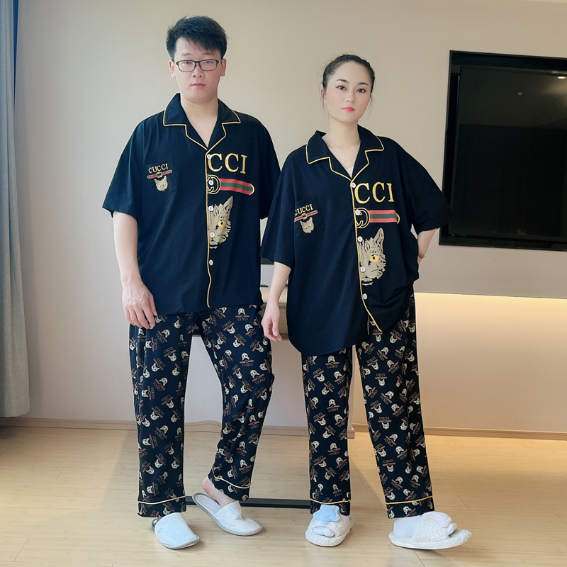 2025年新款情侣睡衣男女春夏纯棉翻领短袖长裤卡通大码家居服套装