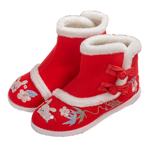 拜年服女童加绒加厚汉服鞋棉靴国风男童女童古风鞋宝宝鞋子虎头鞋