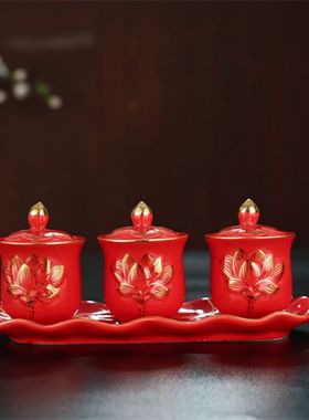 盖子供水专用杯陶瓷红色莲花供水杯大悲水佛堂杯观音水杯净水杯