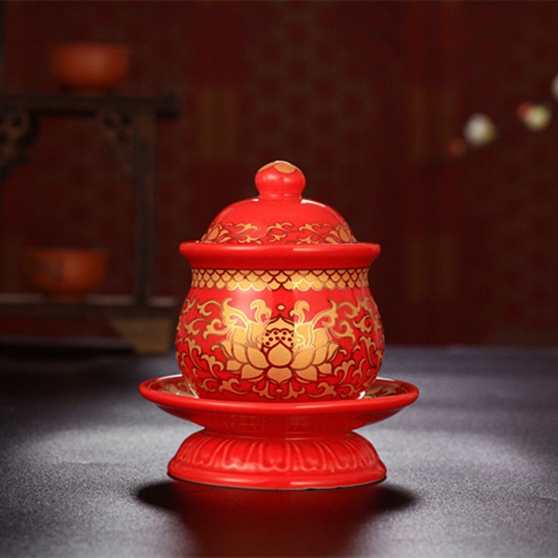 陶瓷供水杯摆件莲花供杯家用中式八卦圣水杯聚宝盆