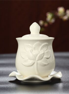 白瓷纯白浮雕莲花杯净水杯家用供奉佛前供水杯佛观音菩萨杯子