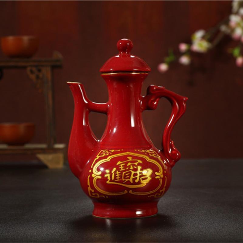 中式陶瓷进宝财神关公酒壶酒杯 仙堂红酒壶茶壶法器佛器 结婚酒壶