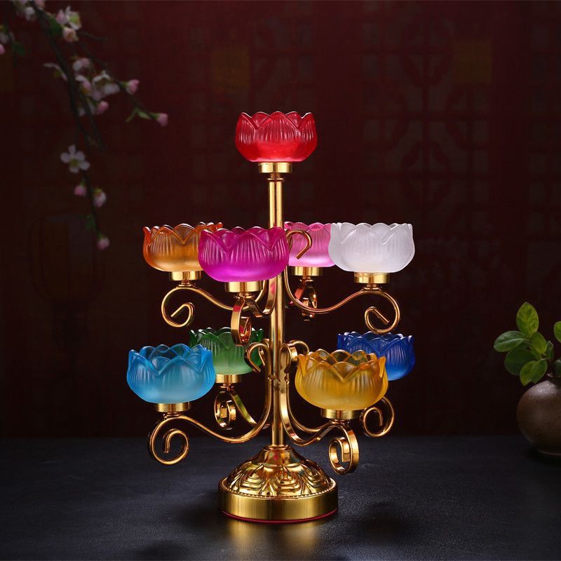 九色九品灯架供佛酥油灯灯座琉璃烛台座佛灯油灯莲花长明灯盏烛架