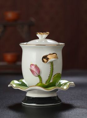 佛前供佛杯莲花水杯陶瓷莲花水杯净水杯白瓷彩绘荷花杯子