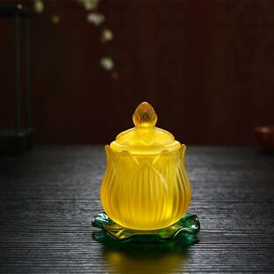 仙用水杯莲花观音杯子佛堂供水杯带盖中式禅意雕刻加厚琉璃茶杯