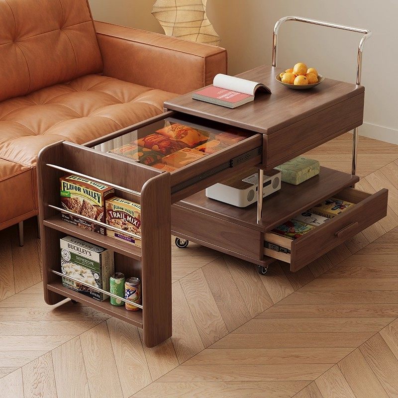 中古风可伸缩茶几移动小推车客厅家用沙发边几阳台实木茶桌边柜