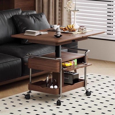 实木中古风小推车可移动折叠边几