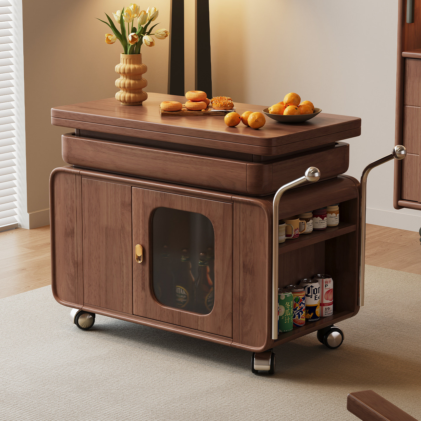 胡桃木全实木可移动沙发边几