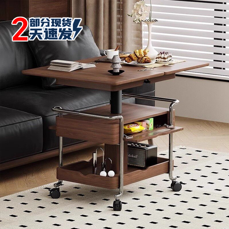 实木中古风小推车可移动折叠边几图片