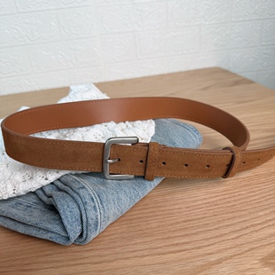 25新韩系东大门风极简哑银扣翻毛皮腰带仿麂皮二层牛皮皮带配裤 子