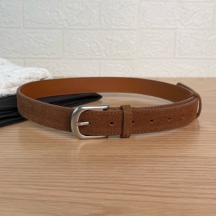 25韩系简约高级感哑银扣翻毛皮二层牛皮反绒腰带女搭配休闲裤西裤