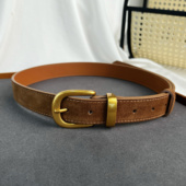 时尚 高级感复古金色扣绒面腰带二层牛皮仿麂皮绒皮带配大衣牛仔裤